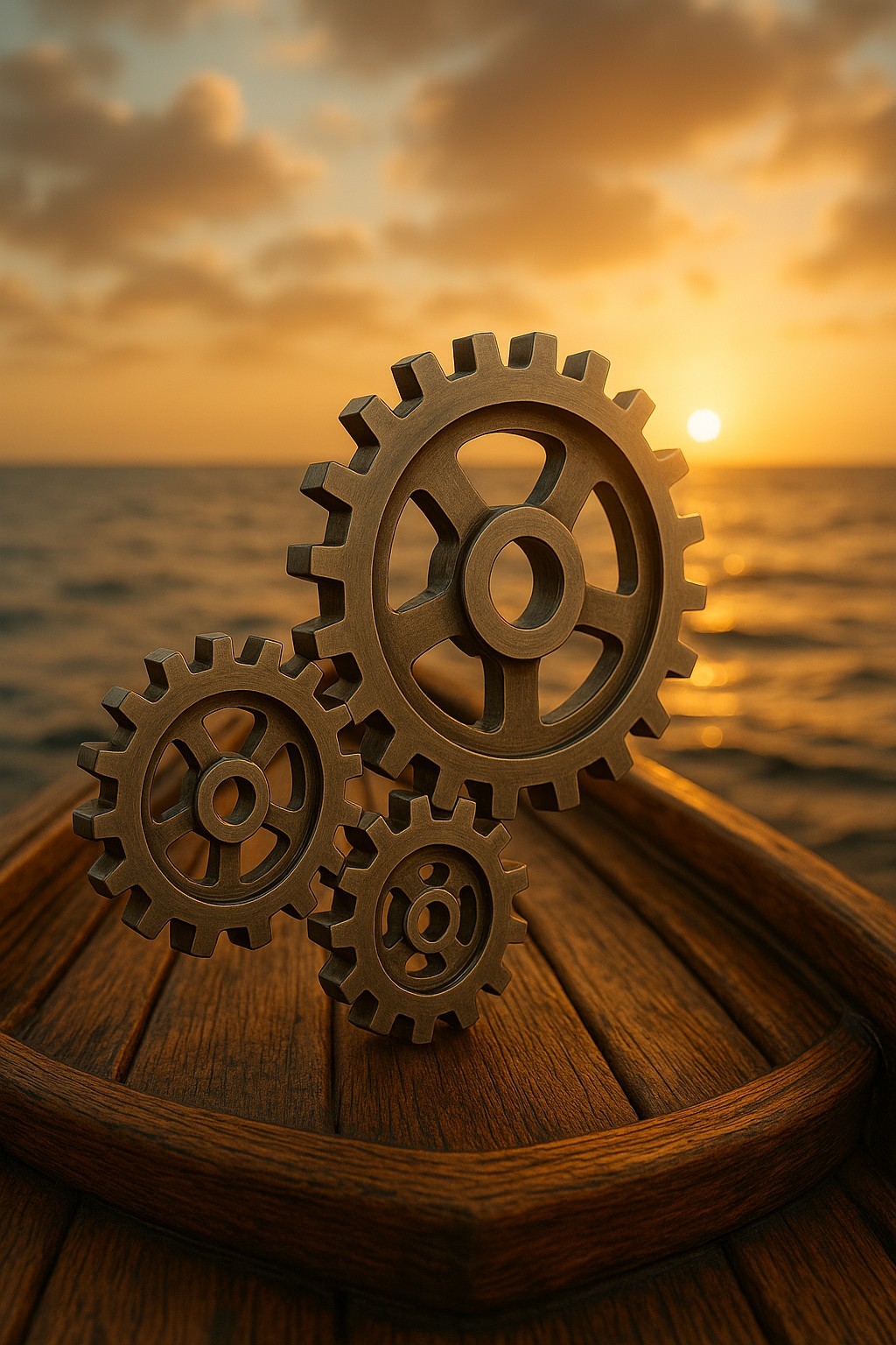 Sailing ship moving forward with gears representing digitalization